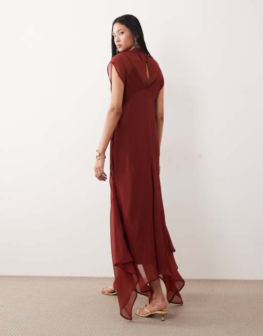 ASOS DESIGN Tall high neck hanky hem chiffon maxi dress in deep rust, 4 of 4