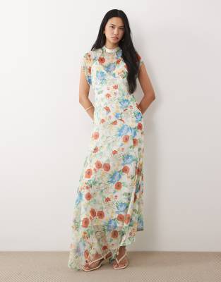 Asos Tall Asos Design Tall High Neck Hanky Hem Chiffon Maxi Dress In Multi