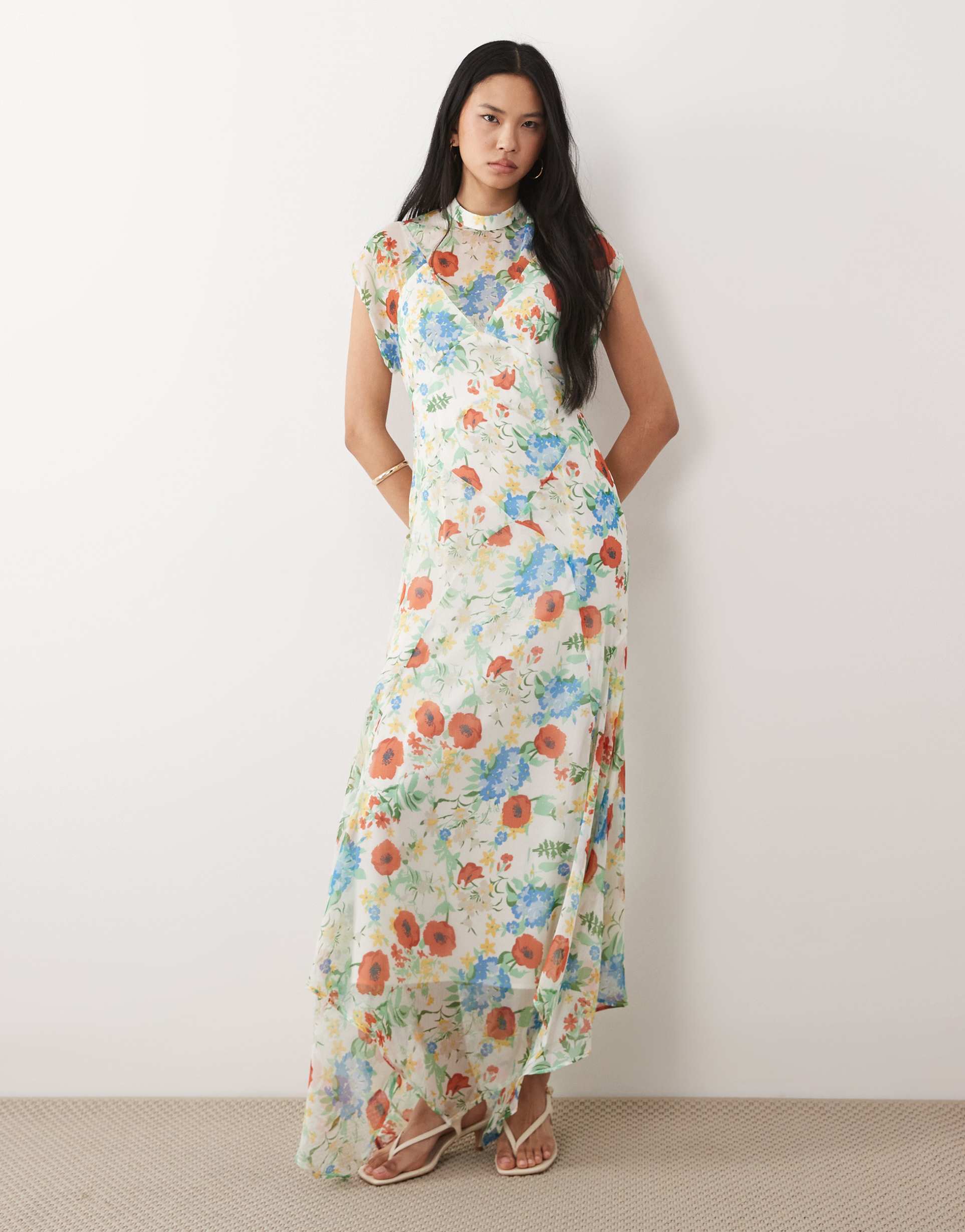 asos design tall high neck hanky hem chiffon maxi dress in red floral
