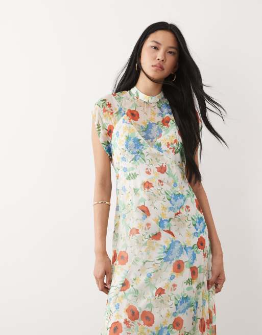 ASOS DESIGN Tall high neck hanky hem chiffon maxi dress in red floral, 2 of 4