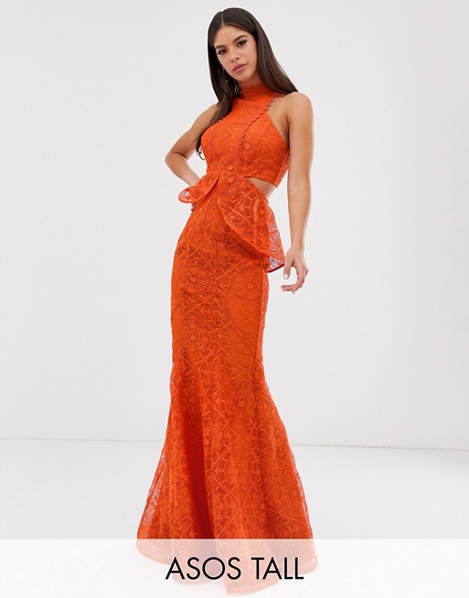 ASOS DESIGN Tall high neck lace maxi dress with cut outs and fishtail hem