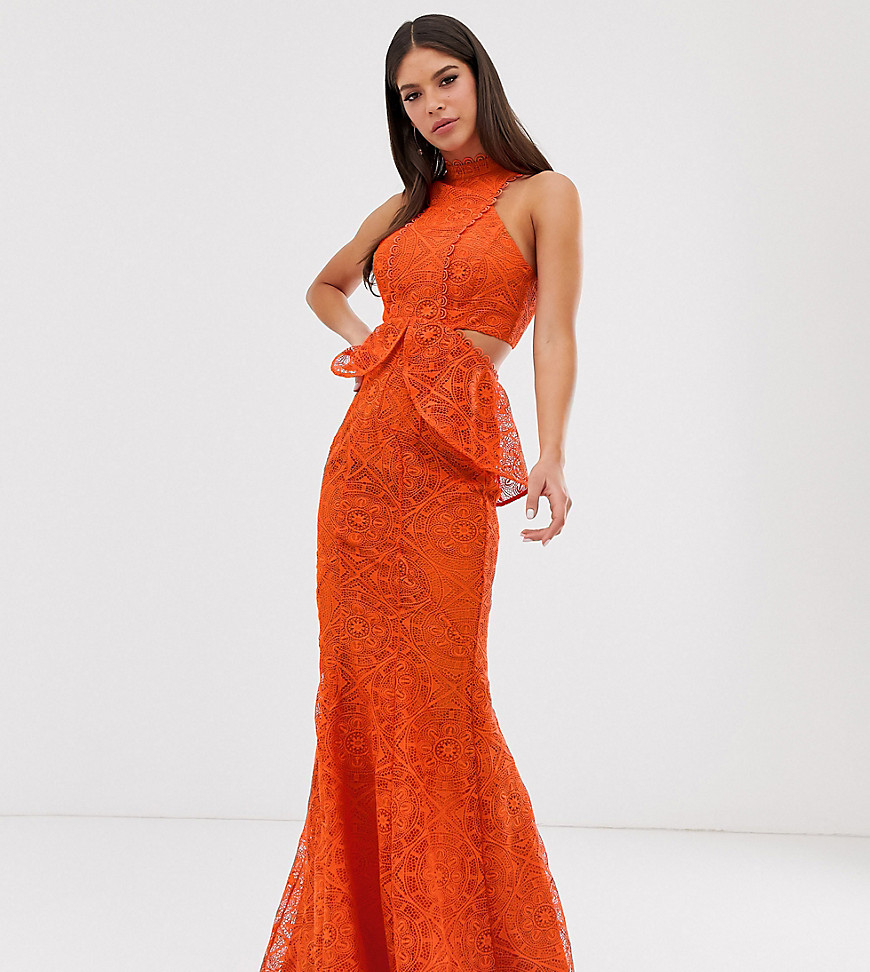 ASOS DESIGN Tall high neck lace maxi dress with cut outs and fishtail hem-Red