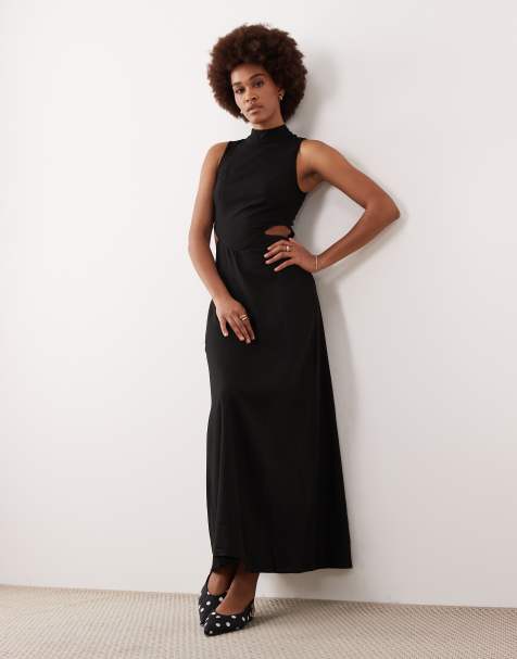 ASOS DESIGN Tall high neck linen look midaxi dress with cutout waist in black