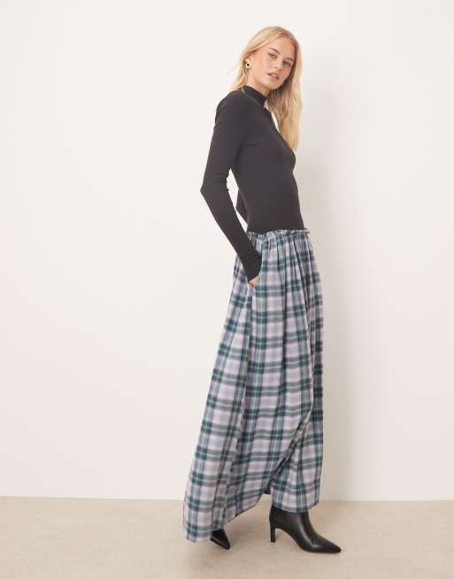ASOS DESIGN Tall high neck long sleeve hybrid maxi dress in blue check, 3 of 4