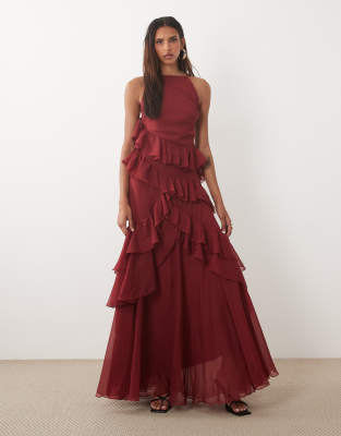 Asos Tall Asos Design Tall High Neck Low Back Ruffle Maxi Dress In Red