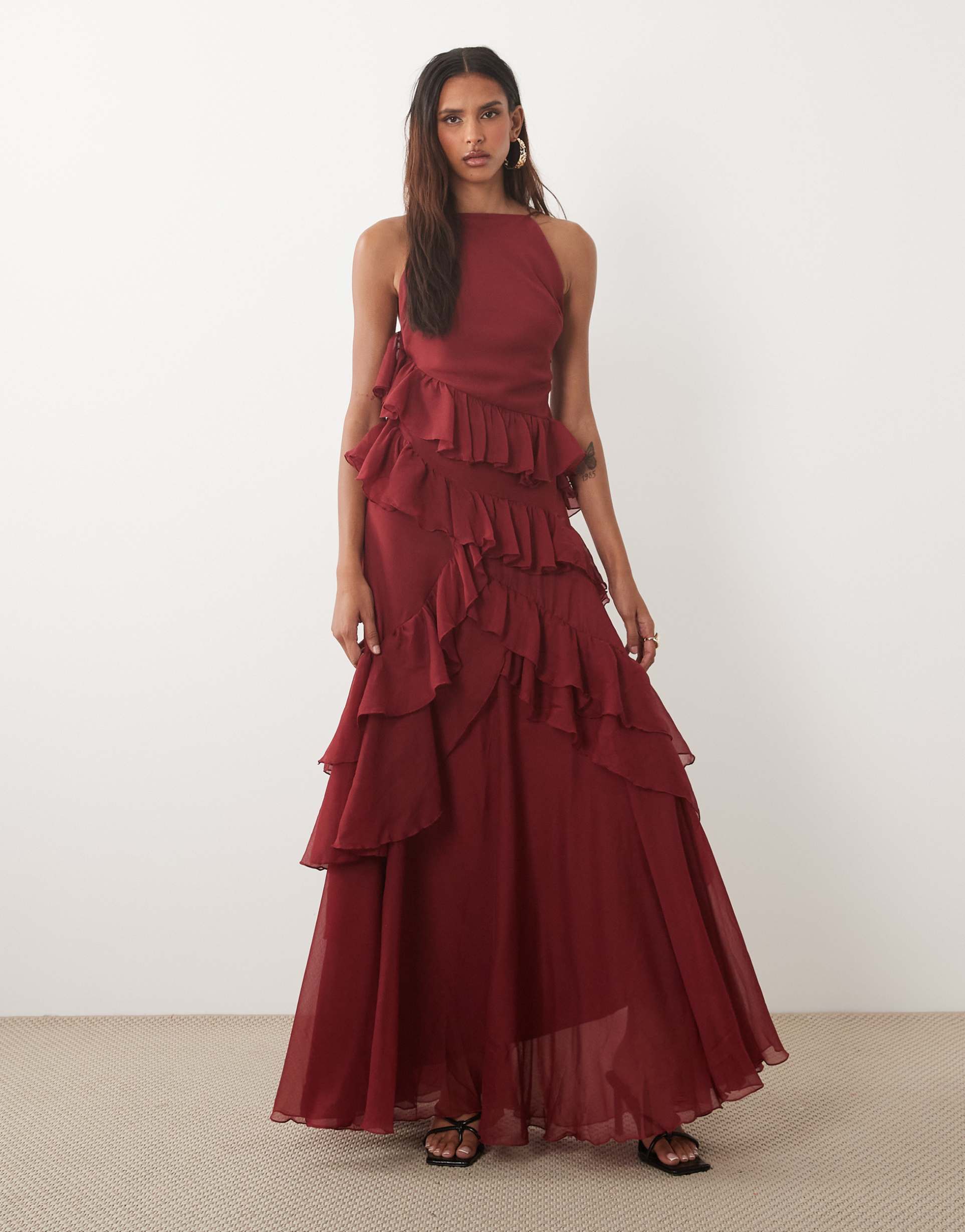 asos design tall high neck low back ruffle maxi dress in burgundy