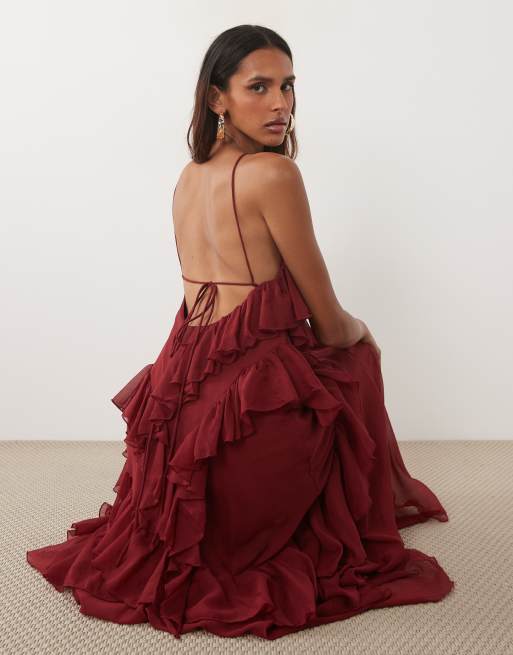 ASOS DESIGN Tall high neck low back ruffle maxi dress in burgundy, 3 of 4