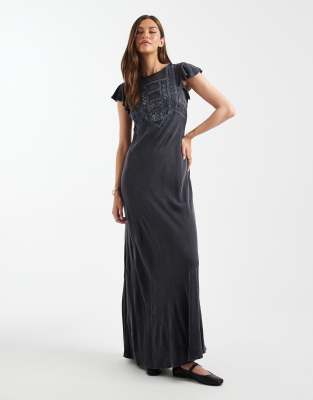 ASOS DESIGN Tall high neck maxi dress with frill sleeve and lace inserts in washed navy-Grey
