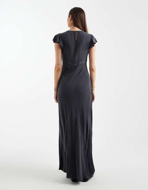 ASOS DESIGN Tall high neck maxi dress with frill sleeve and lace inserts in washed navy, 3 of 4