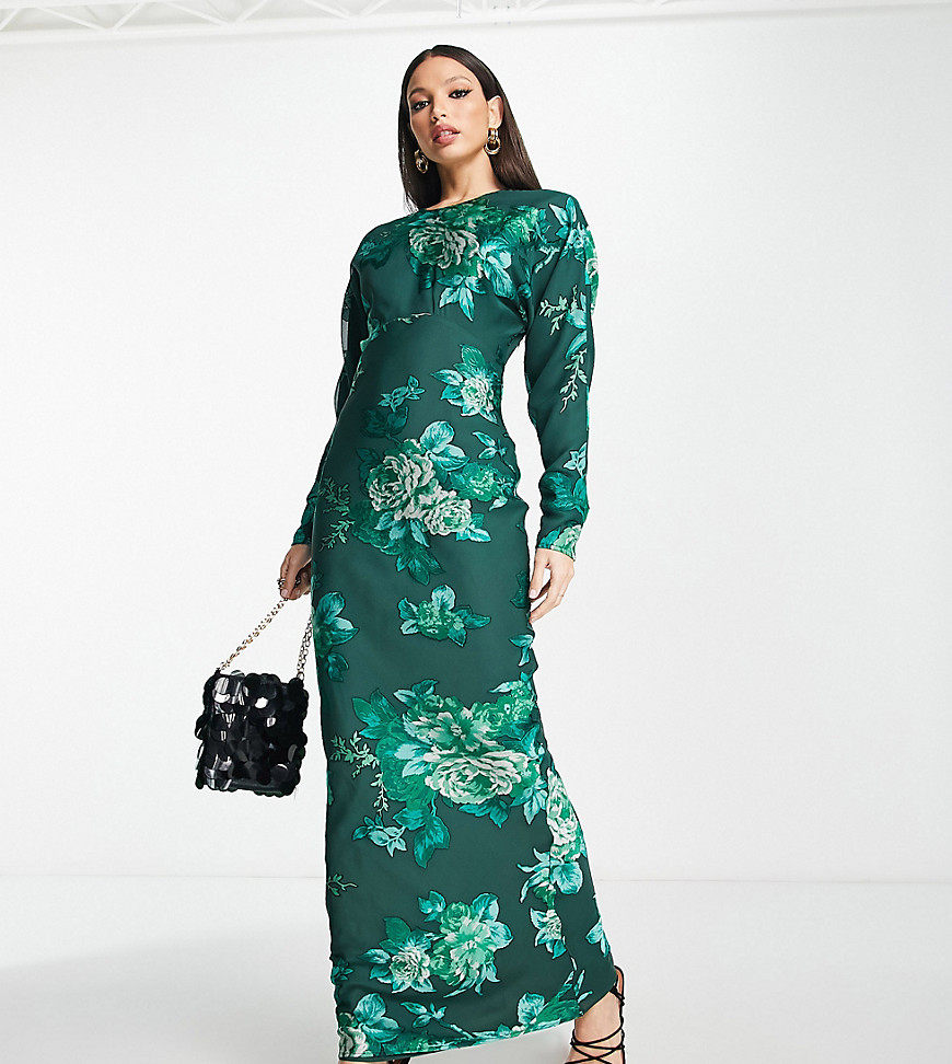 ASOS DESIGN Tall high neck maxi dress with green floral burnout print-Multi