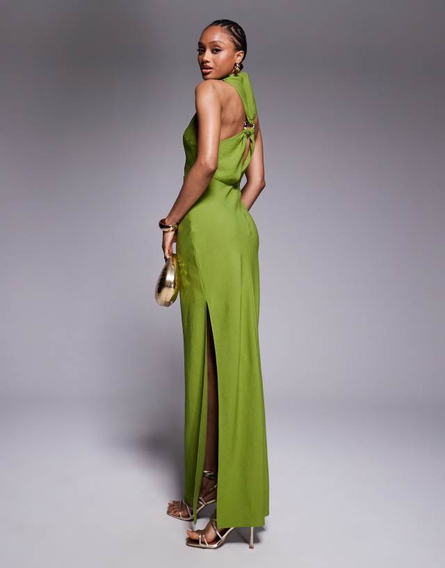 green fitted maxi dress ASOS DESIGN Tall high neck with hardware trim in emerald green dress