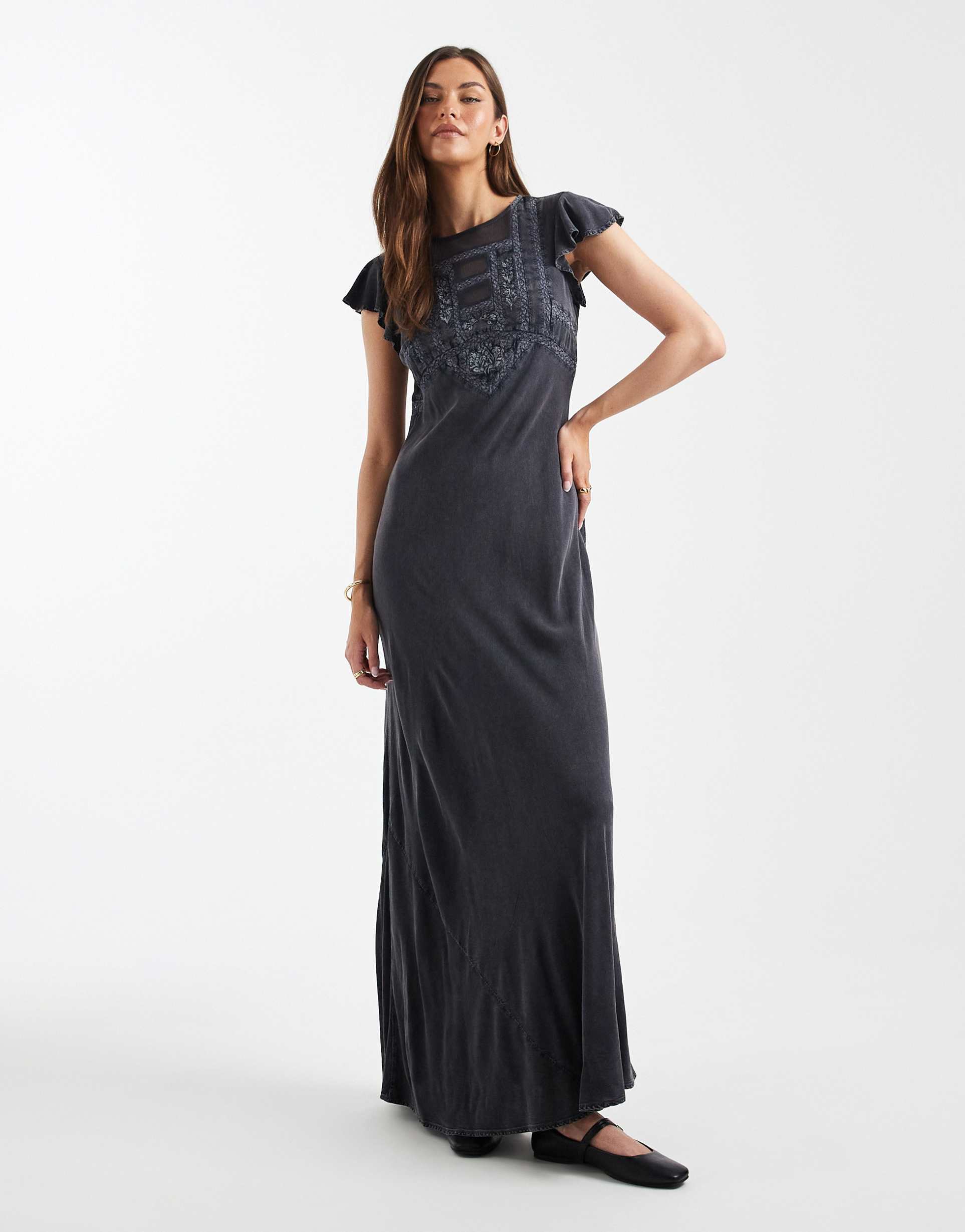 asos design tall high neck maxi dress with ruffle sleeves and lace inserts in washed navy