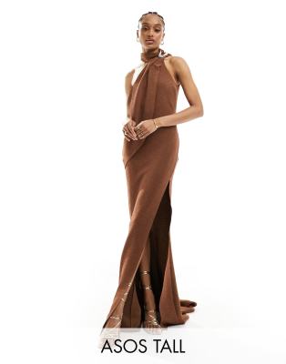 ASOS DESIGN Tall high neck maxi dress with silver neck trim in mocha-Multi