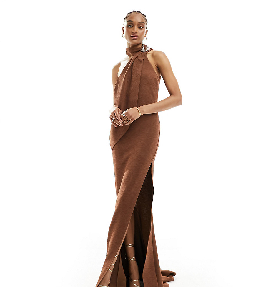 Asos Tall Asos Design Tall High Neck Maxi Dress With Silver Neck Trim In Mocha-multi