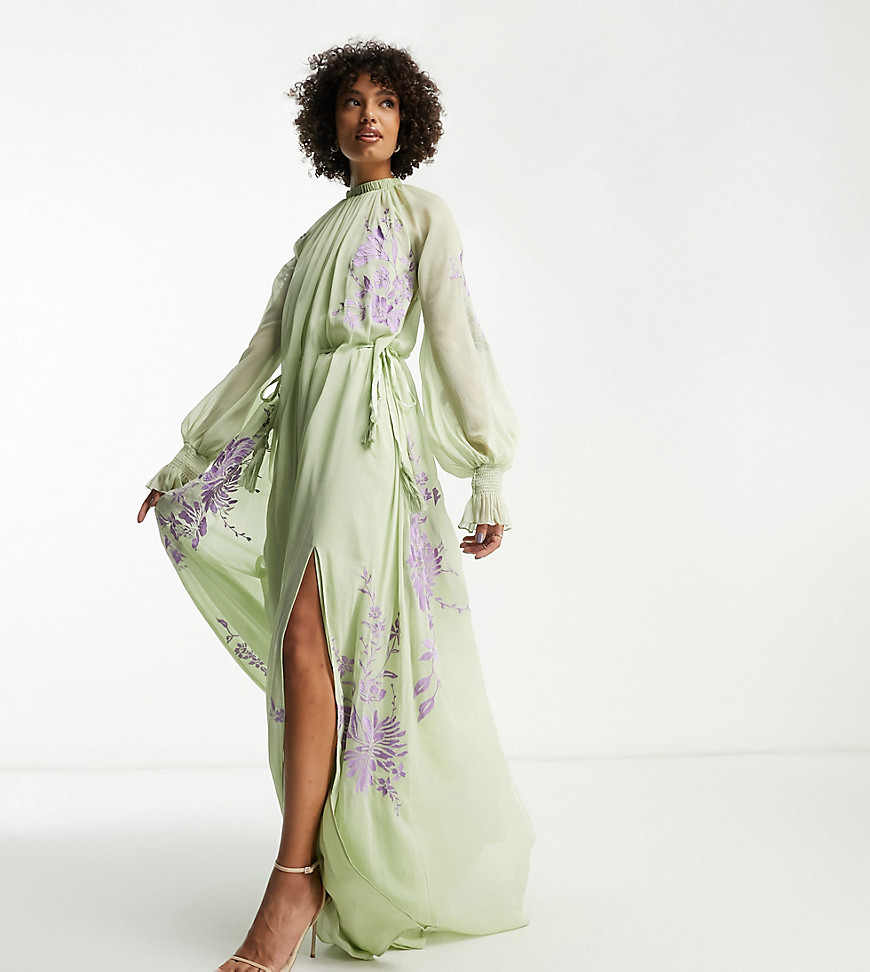 ASOS DESIGN Tall high neck maxi dress with tie waist detail and lilac stencil floral embroidery in green