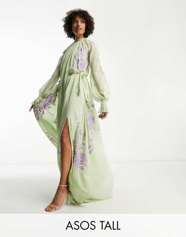 ASOS DESIGN Tall high neck maxi dress with tie waist detail and lilac stencil floral embroidery in green