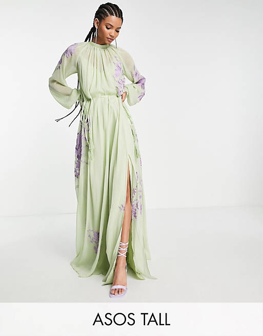 ASOS DESIGN Tall high neck maxi dress with tie waist detail and stencil floral embroidery in sage
