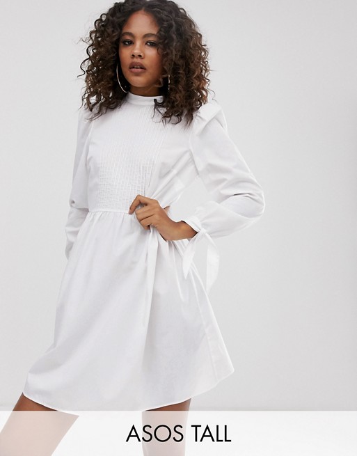 ASOS DESIGN Tall high neck mini smock dress with pin tucks and tie sleeves
