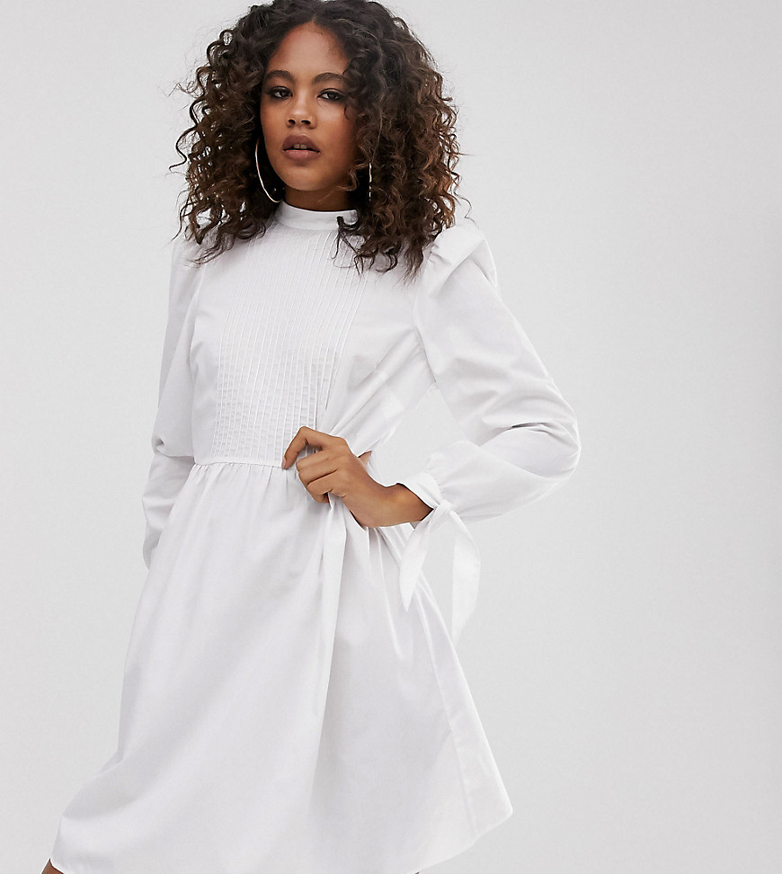 ASOS DESIGN Tall high neck mini smock dress with pin tucks and tie sleeves-White