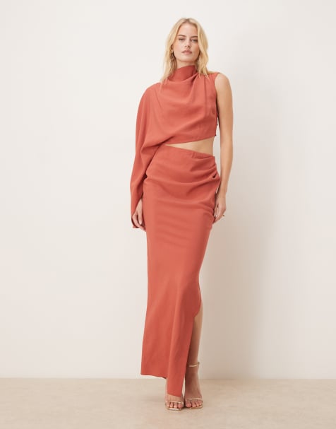 ASOS DESIGN Tall high neck one shoulder midi dress with batwing sleeve and cut out in rust - view 1