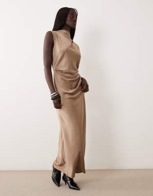 Asos Tall Asos Design Tall High Neck Pleated Bodice Midi Dress In Neutral