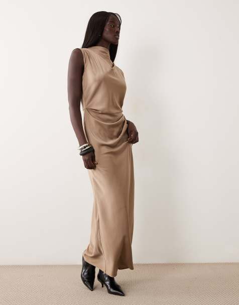 ASOS DESIGN Tall high neck pleated bodice midi dress in taupe - view 1
