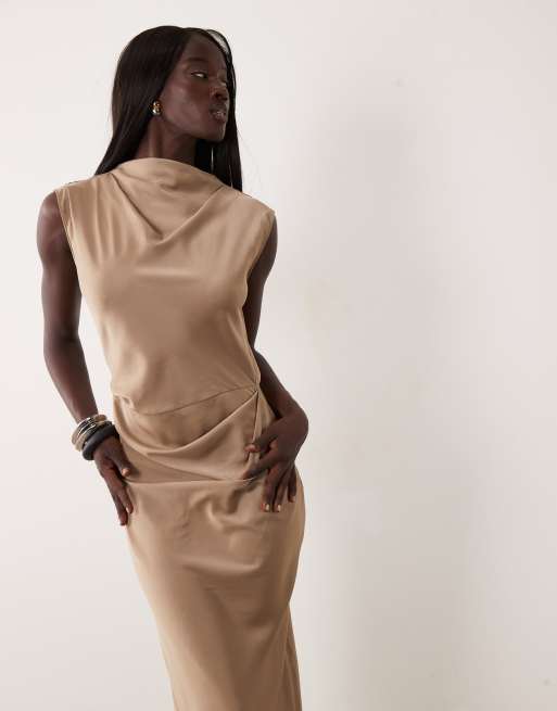 ASOS DESIGN Tall high neck pleated bodice midi dress in taupe, 2 of 4