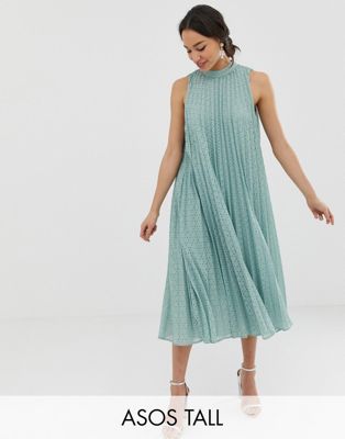 asos design pleated high neck midi dress with embroidery