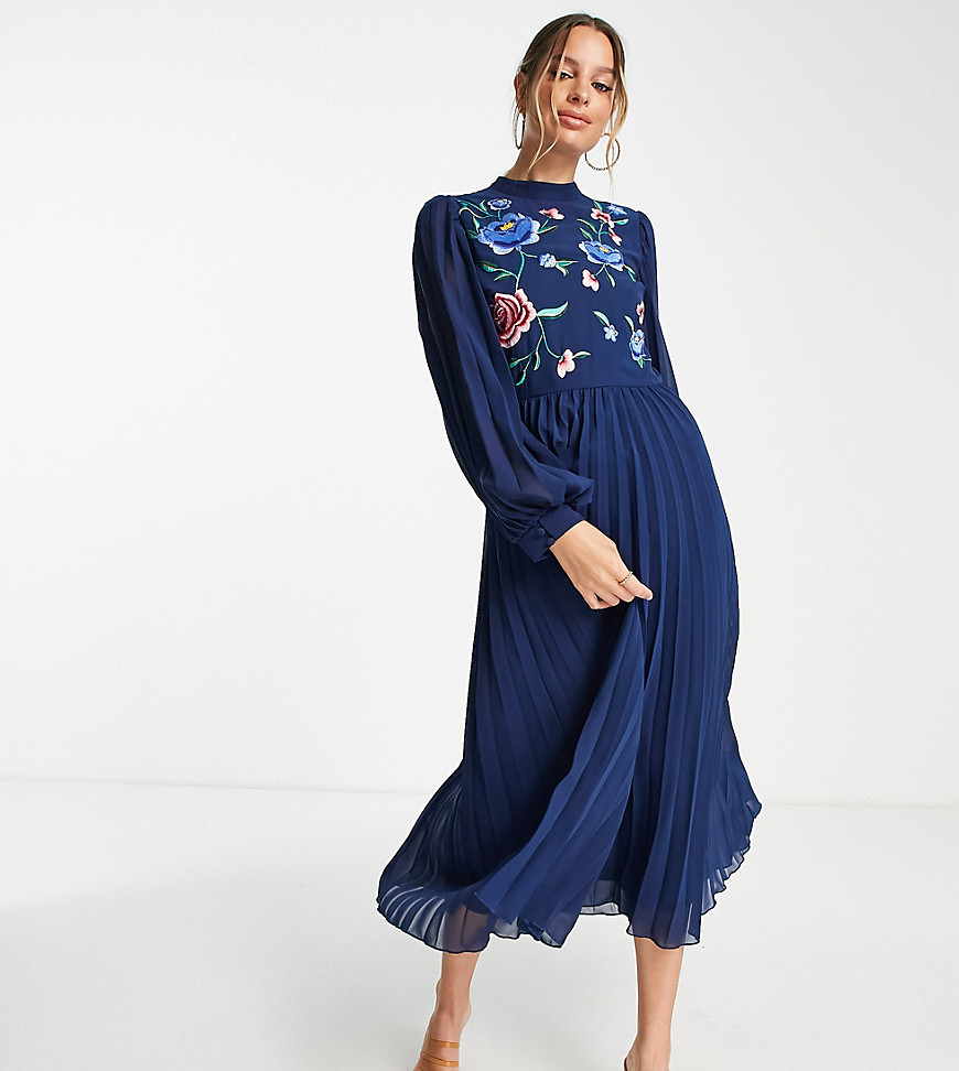 Asos Tall Asos Design Tall High Neck Pleated Long Sleeve Midi Skater Dress With Embroidery In Navy