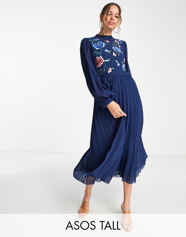 ASOS DESIGN Tall high neck pleated long sleeve midi skater dress with embroidery in navy