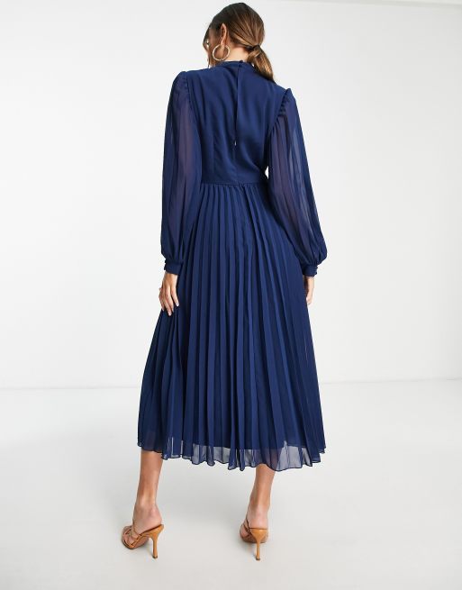 ASOS DESIGN high neck pleated long sleeve skater midi dress with embroidery  in navy