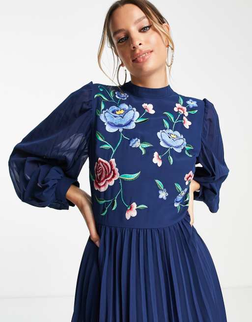 Asos design long sleeve embroidered 2024 midi dress