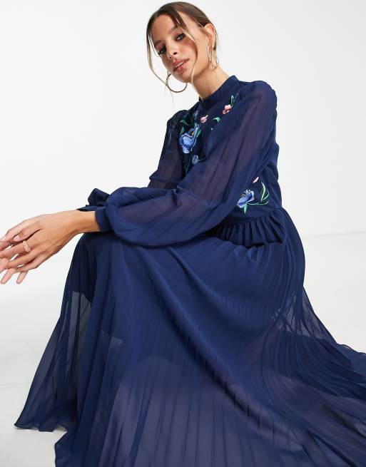 ASOS DESIGN Tall high neck pleated long sleeve skater midi dress with embroidery in navy