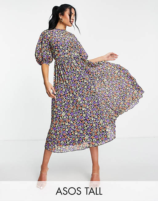 Dresses Tall high neck pleated midi dress with puff sleeve in bright floral print 