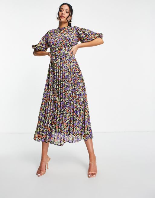 ASOS DESIGN Tall high neck pleated midi dress with puff sleeve in bright floral print