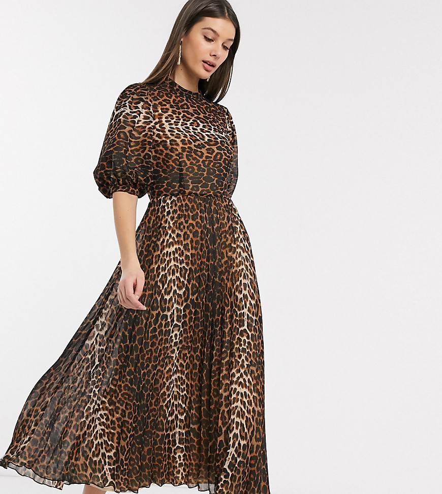 ASOS DESIGN Tall high neck pleated midi dress with puff sleeve in leopard print-Multi