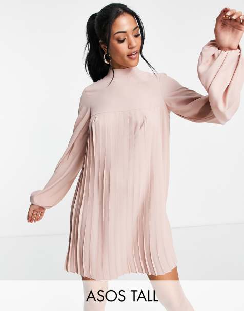 ASOS DESIGN Tall high neck pleated trapeze mini dress in pale pink - view 1