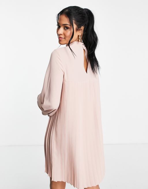 ASOS DESIGN Tall high neck pleated trapeze mini dress in pale pink