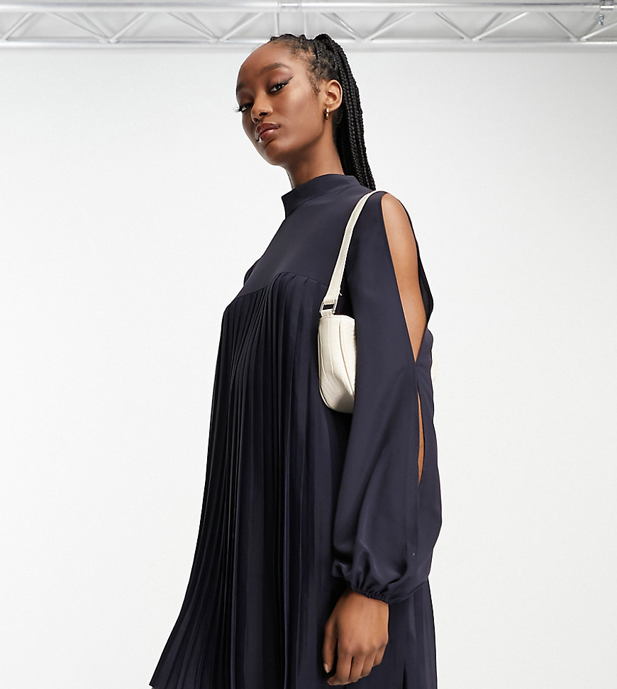 Asos Tall Asos Design Tall High Neck Pleated Trapeze Mini Dress With Split Sleeves In Navy