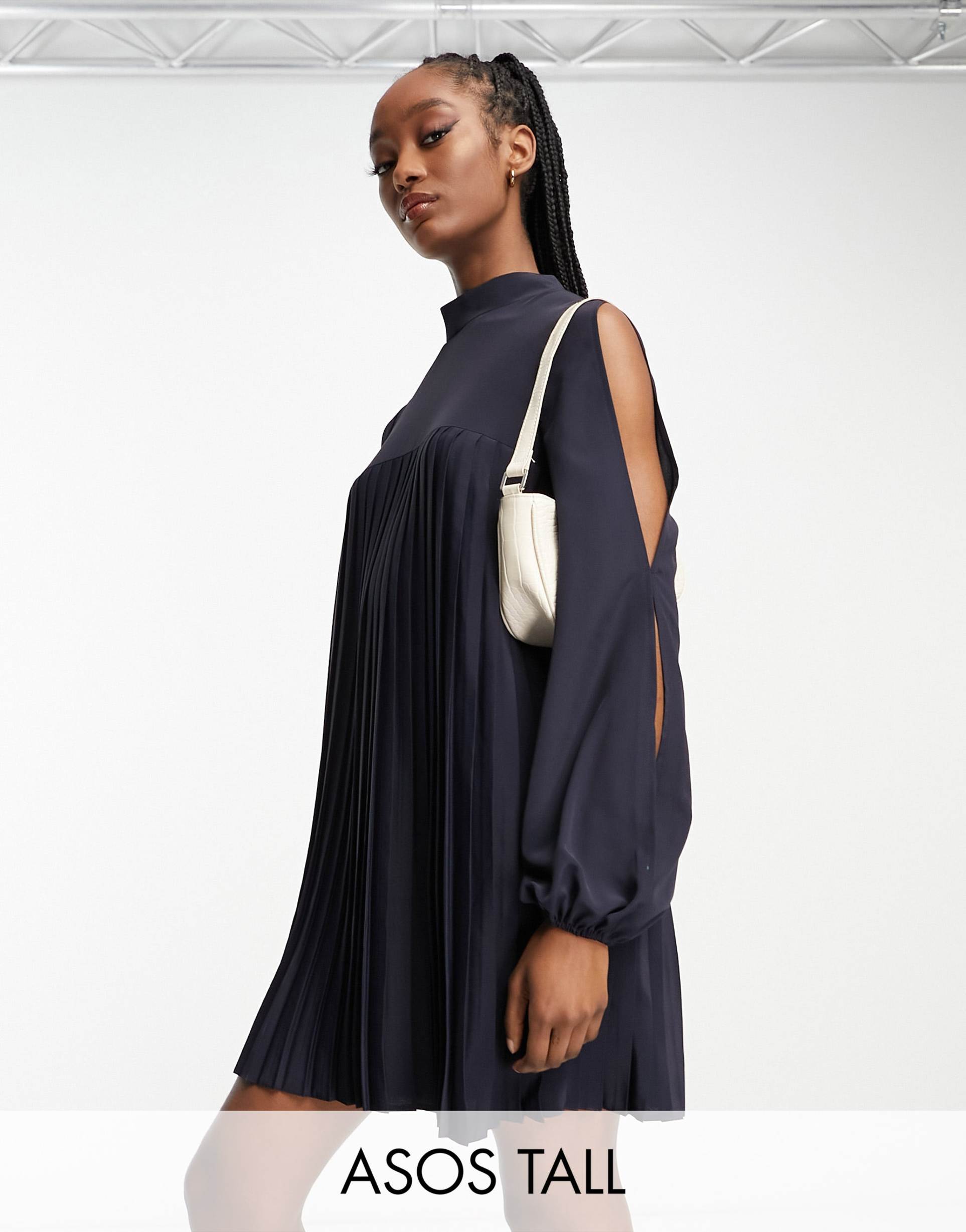 asos design tall high neck pleated trapeze mini dress with split sleeves in navy