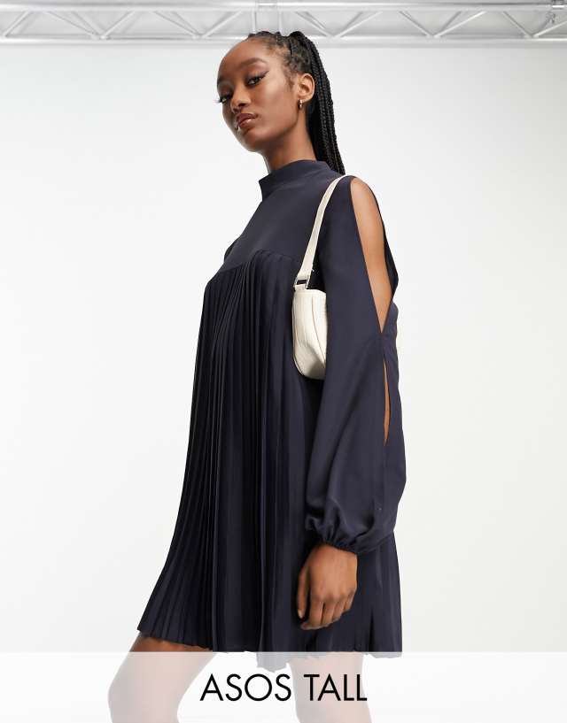 ASOS DESIGN Tall high neck pleated trapeze mini dress with split sleeves in navy