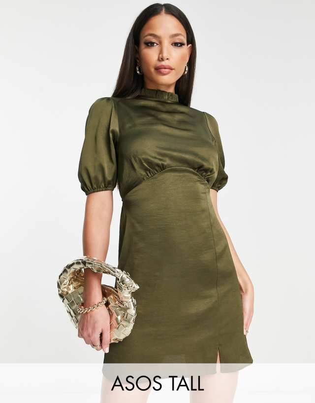 ASOS Tall - ASOS DESIGN Tall high neck puff sleeve mini satin dress in khaki