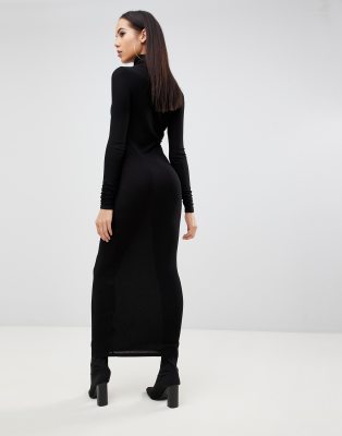 high neck rib maxi dress with long sleeves