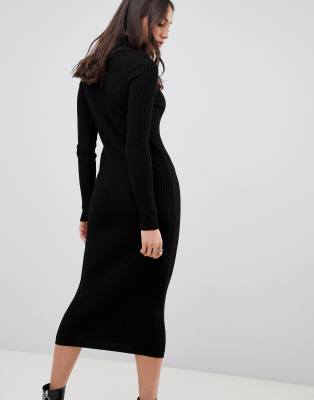 black ribbed high neck dress