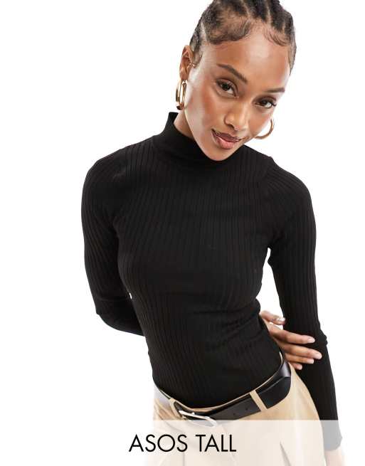 Asos Design Tall High Neck Ribbed Sweater In Black Asos 