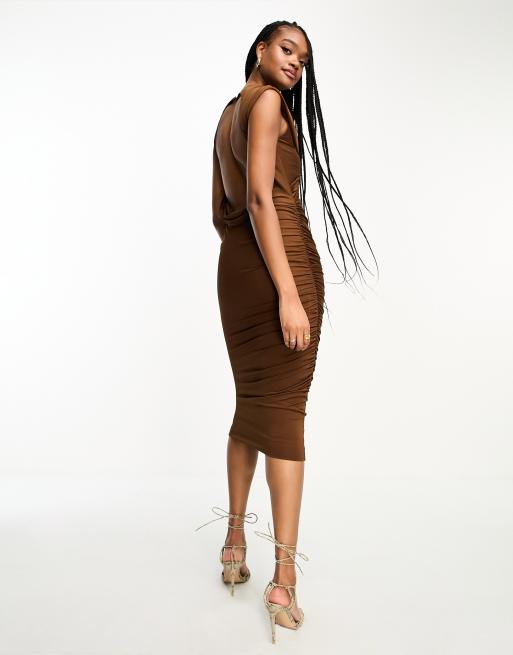 Brown mesh bodycon maxi dress