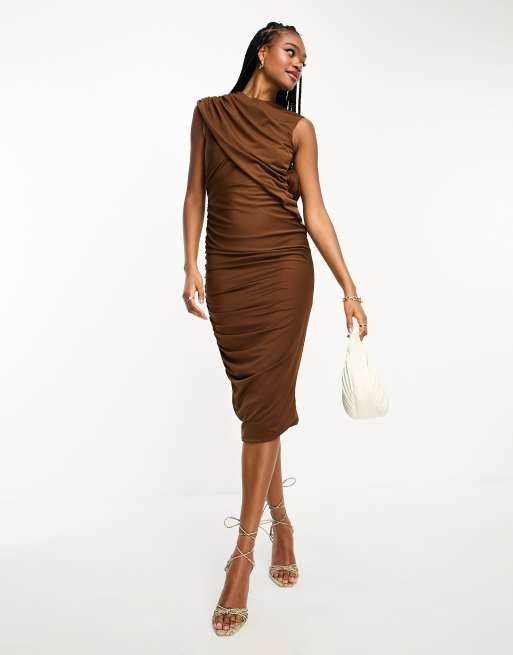 ASOS DESIGN sleeveless high neck maxi dress with ruched skirt in khaki