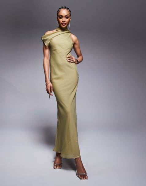ASOS DESIGN Tall high neck scarf maxi dress in olive green - view 1