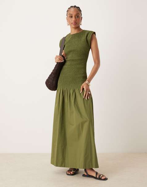 ASOS DESIGN Tall high neck shirred poplin maxi dress with dropped waist in deep olive - view 1