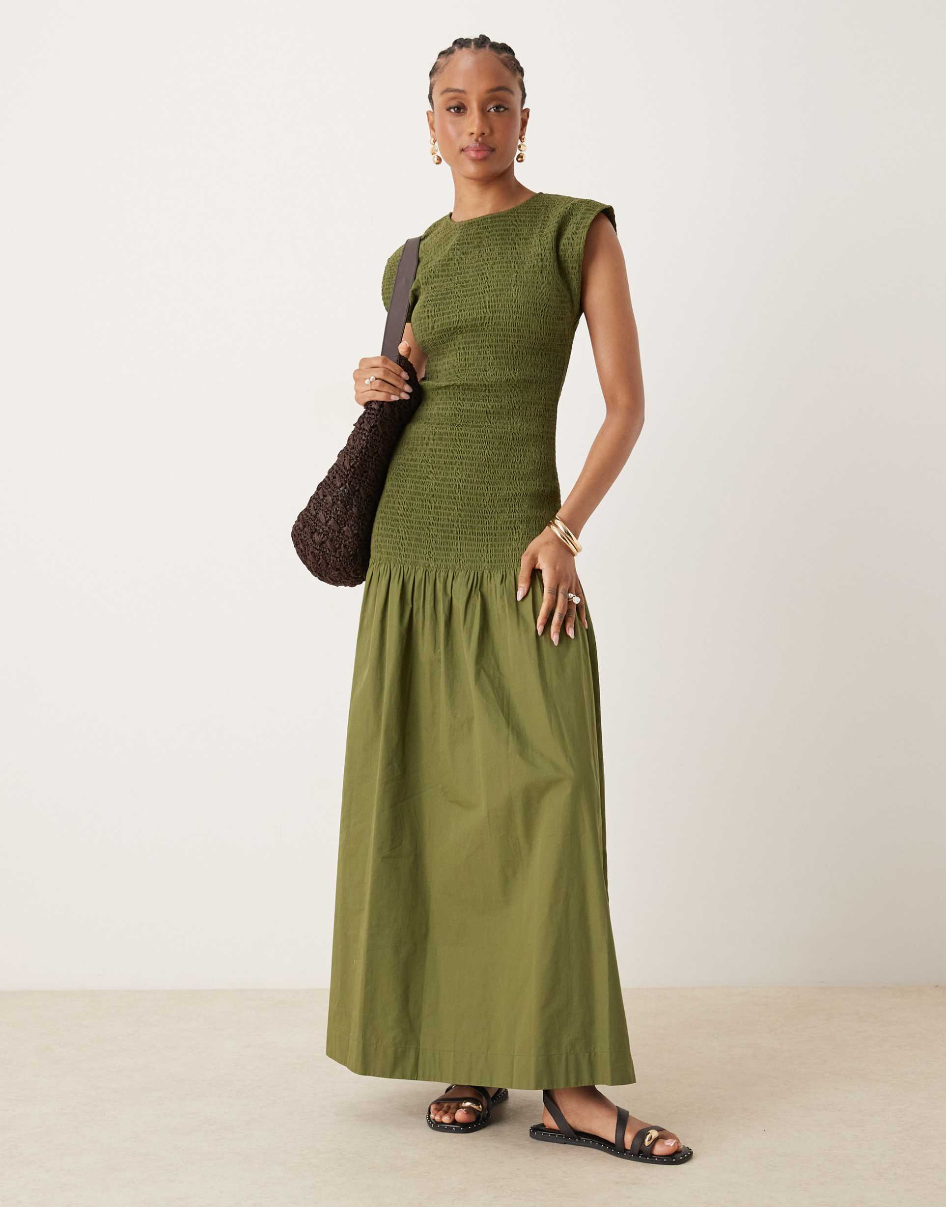 asos design tall high neck shirred poplin maxi dress with dropped waist in deep olive